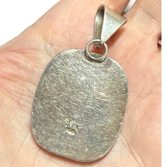 Vtg Green Malachite Stone 925 Sterling Silver Pendant Mexico ATI 2" Rectangle - Picture 3 of 8